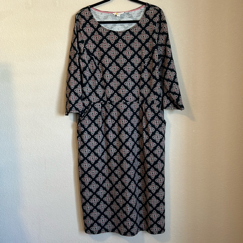 Boden Florrie Jersey Midi Dress 3/4 Sleeves Black Geo Print 16/18 L